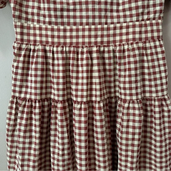 NWT En Saison Juni Gingham Bubble Sleeve Tie-Back Midi Dress Brick Womens L - Picture 4 of 10